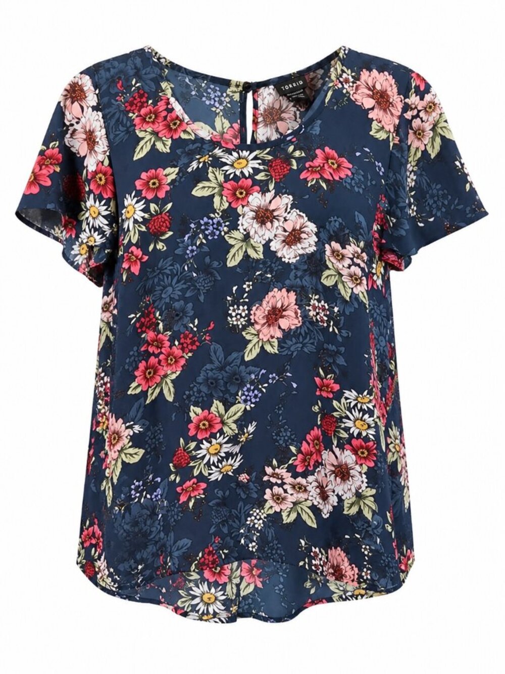 Torrid Navy Blue Floral Short Sleeve Keyhole Back Blouse Size 0X XL